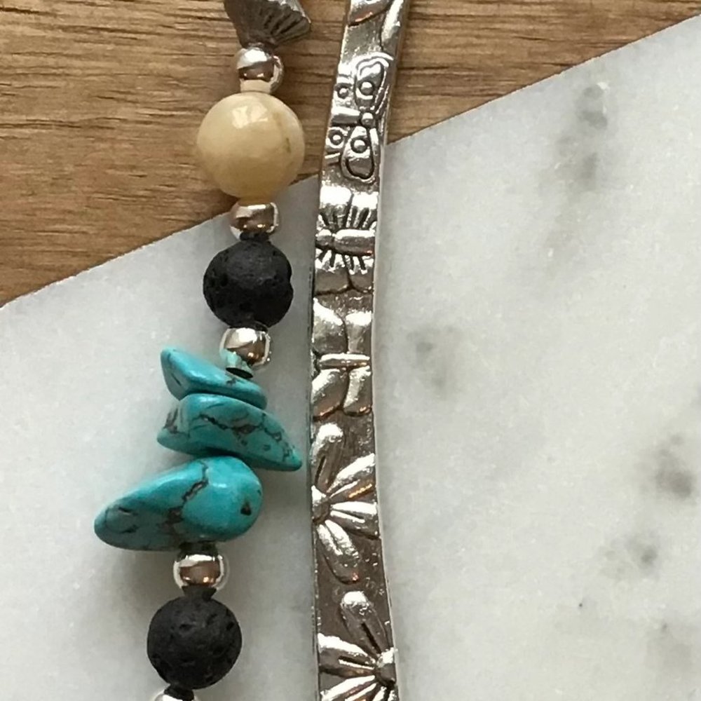 Tibetan Metal Essential Oil Bookmark Flower Engraved‎ - Yellow Jade - Turquoise
